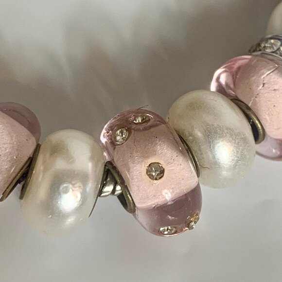 Pink Pearl Rhinestone Slide Charm Bracelet 7" - Picture 7 of 8